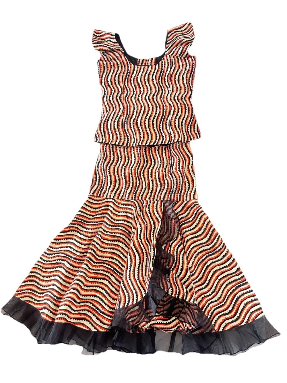 African Dress Traditional Dashiki Skirt Set Maxi Chevron Print Size XS Orange